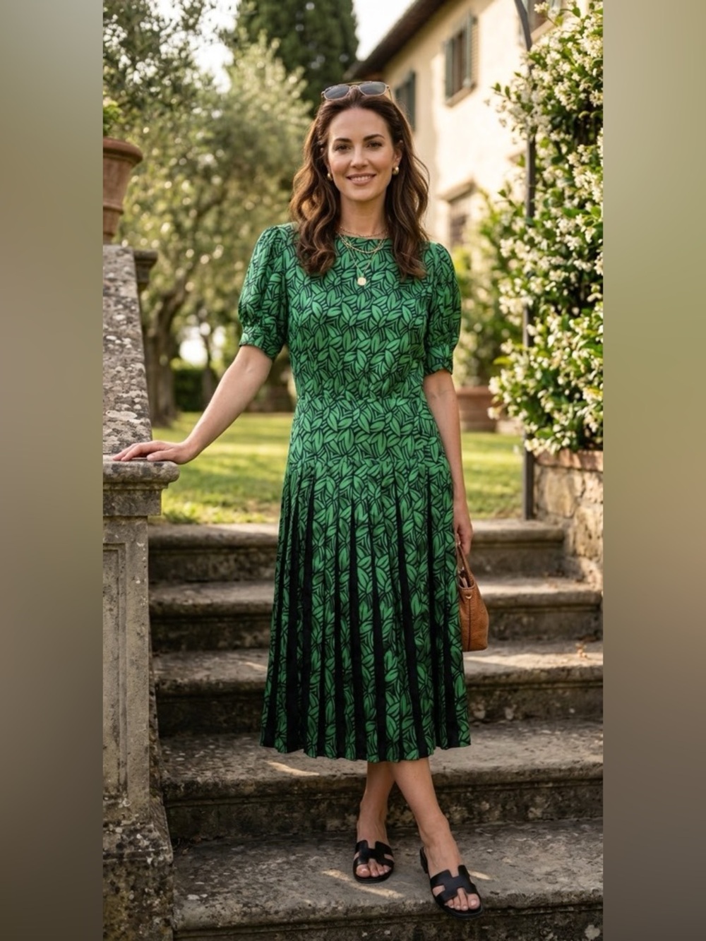 Green Leaf Patterned Vintage dress designed by Jeannene Booher for Maggy London